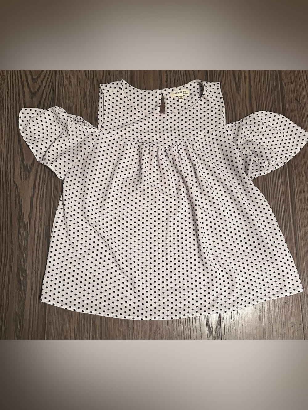 Monteau White Polka Dot Cold-Shoulder Top with Black Dots